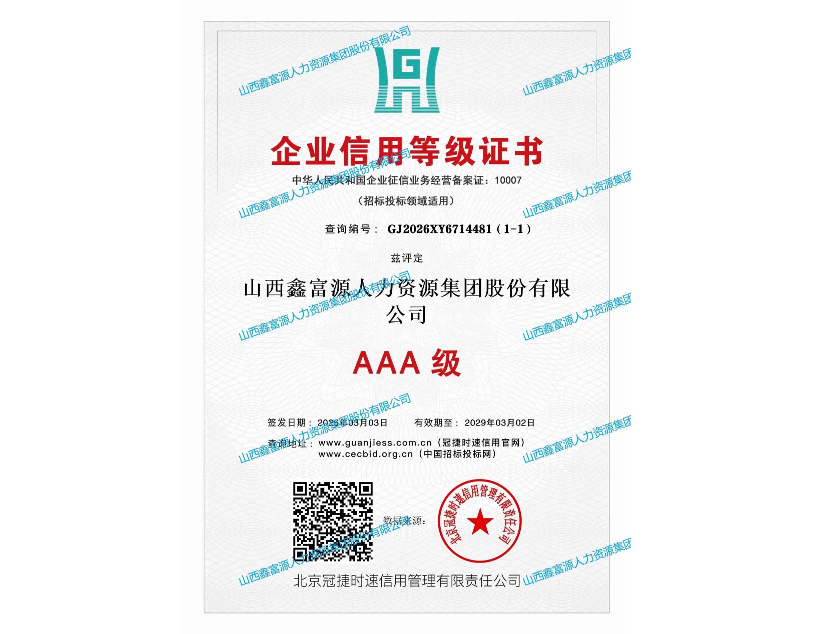 AAA級企業信用等級證書